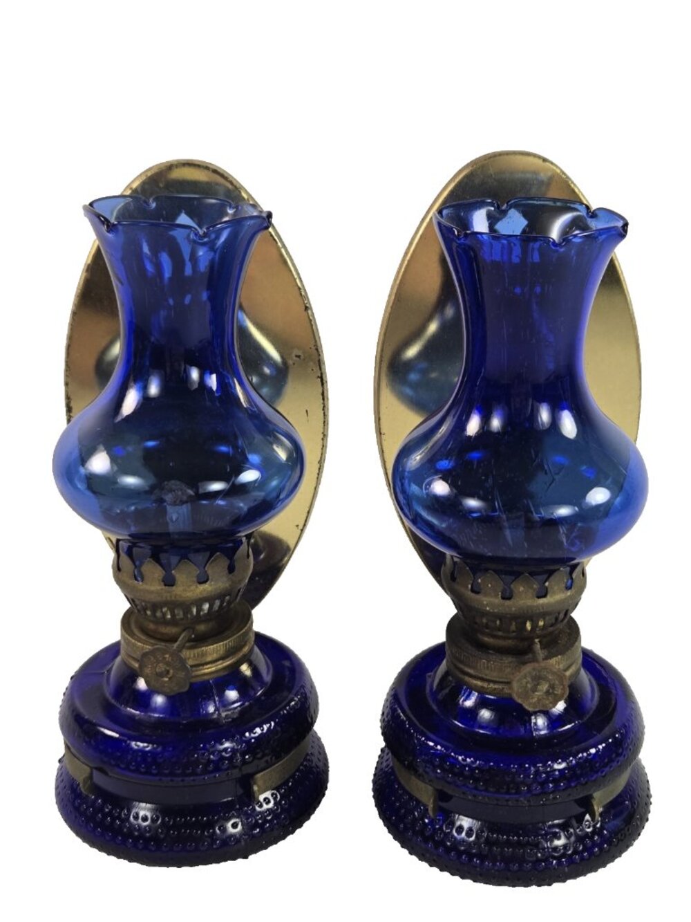 Vintage Pair of Mini Oil Lamps Cobalt Blue Glass Brass Reflectors Dark Academia